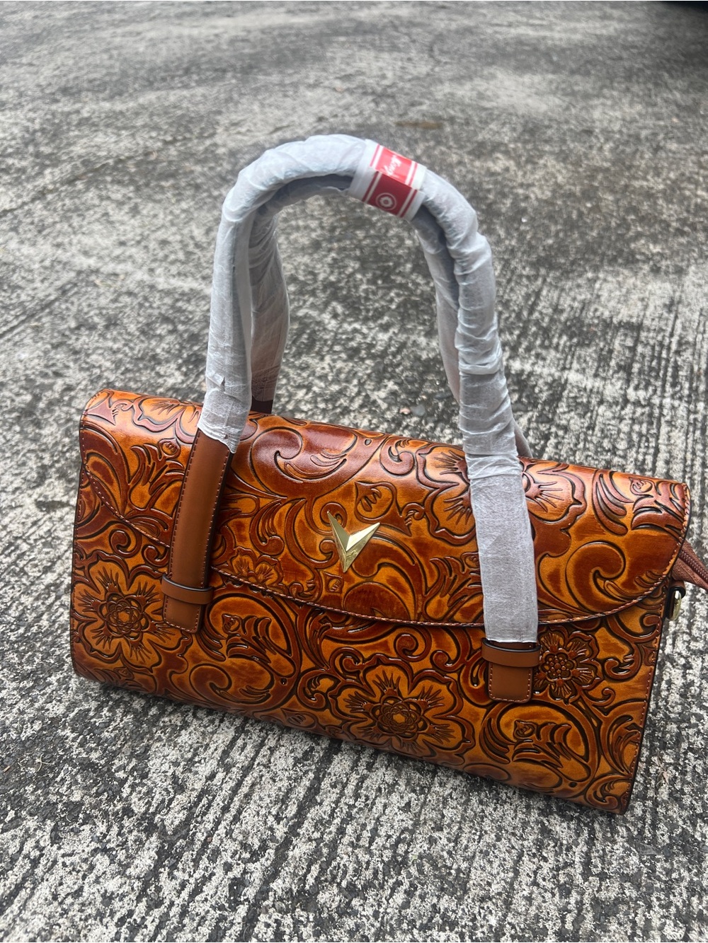 Embossed Floral Leather Satchel in Cognac